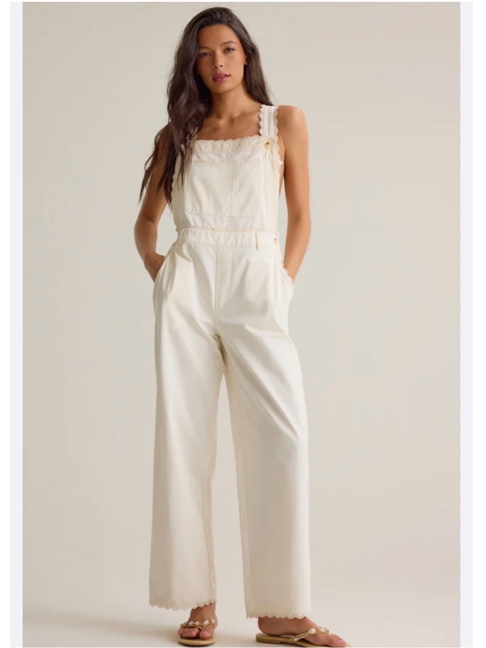 Altar'd State Cream Lace-Trim Wide-Leg Overalls